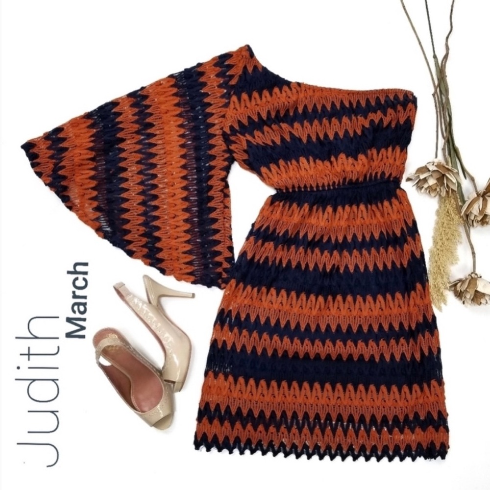 Judith March Navy Blue Orange Stripe Knit Dress